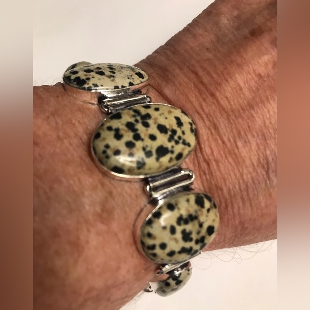 Dalmatian Jasper Stamped 925 Sterling Silver Bracelet